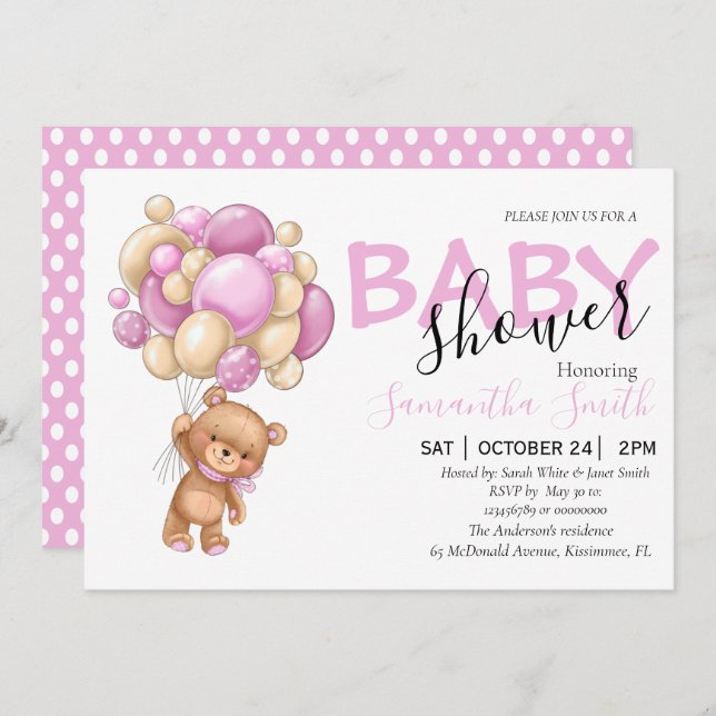 Invitaciones a ducha con globo rosa Teddy Bear Bea (Anverso / Reverso)