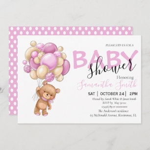 Invitaciones a ducha con globo rosa Teddy Bear Bea