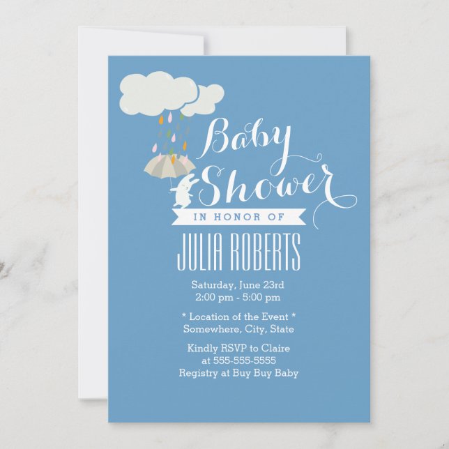Invitaciones a ducha de bebé azul de conejo lindo (Anverso)