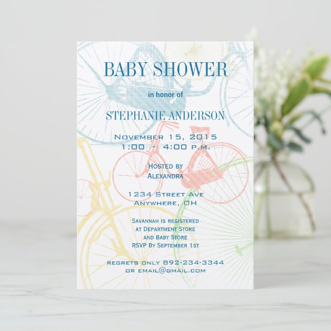 Invitaciones a ducha de bebé de bicis de época (Anverso de pie)