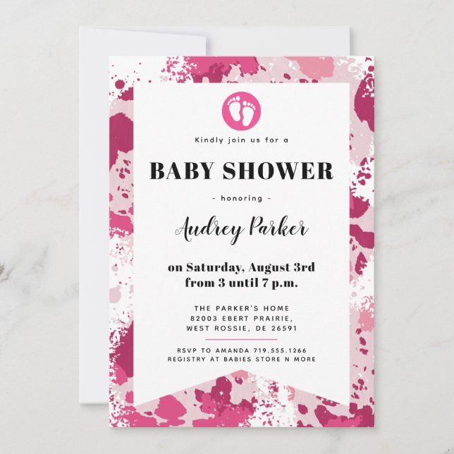 Invitaciones a ducha de bebé de camo rosado (Anverso)