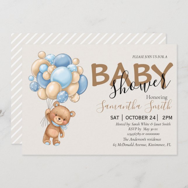 Invitaciones a ducha de bebé en globo Teddy Bear B (Anverso / Reverso)