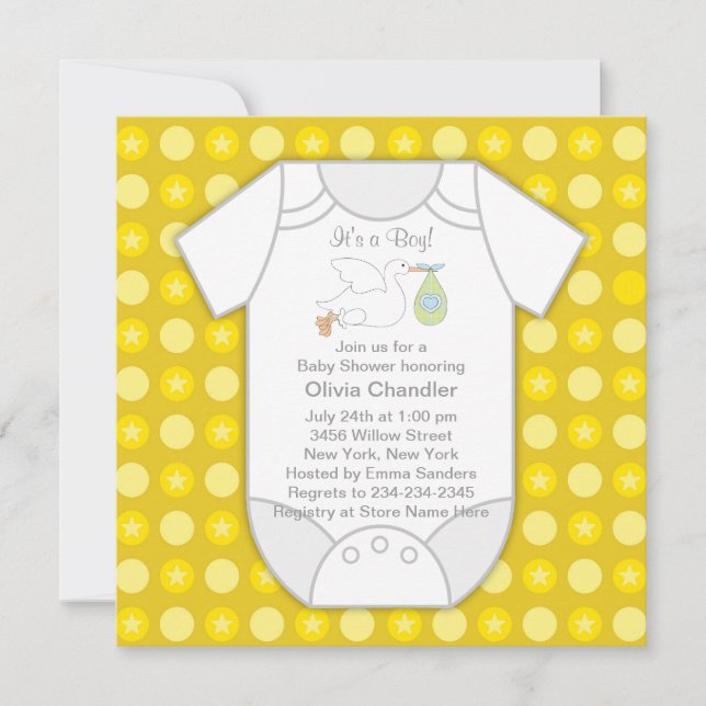 Invitaciones a ducha de bebé grisáceo amarillo (Anverso)