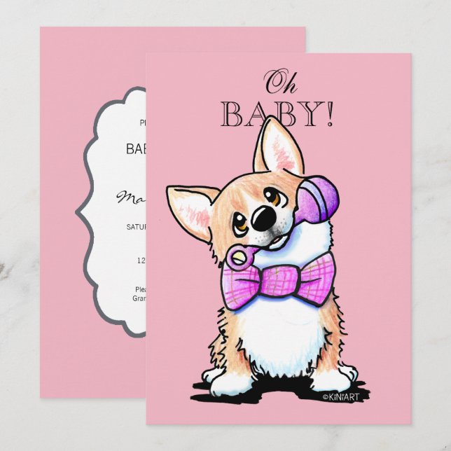 Invitaciones a ducha de bebé rosa de KiniArt Corgi (Anverso / Reverso)