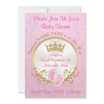 Invitaciones a ducha de bebé rosa y dorada, person