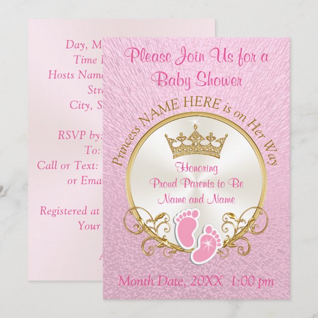 Invitaciones a ducha de bebé rosa y dorada, person (Anverso / Reverso)