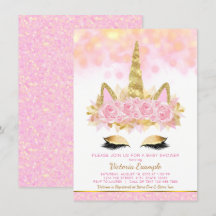 Invitaciones a ducha de bebé unicornio de oro rosa