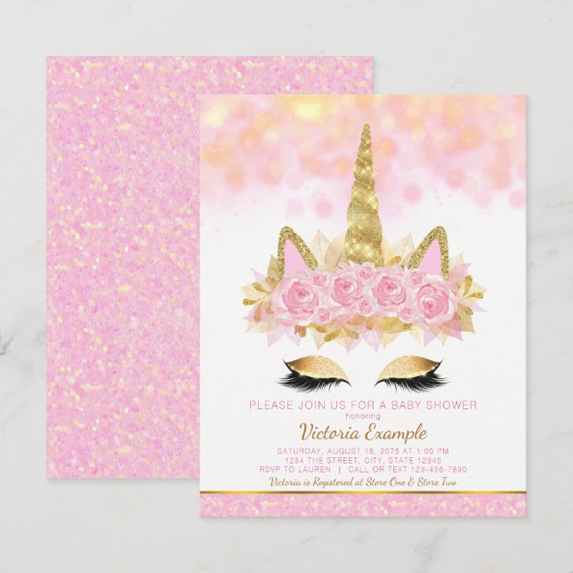 Invitaciones a ducha de bebé unicornio de oro rosa (Anverso / Reverso)