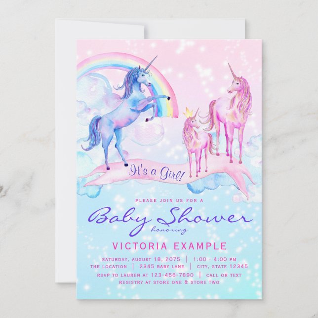 Invitaciones a ducha de bebé unicornio Pastel Unic (Anverso)