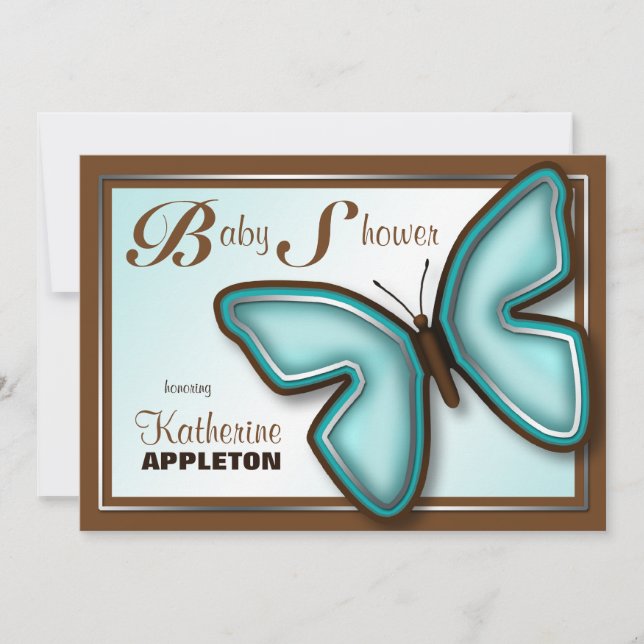 Invitaciones a ducha de mariposa turquesa marrón t (Anverso)