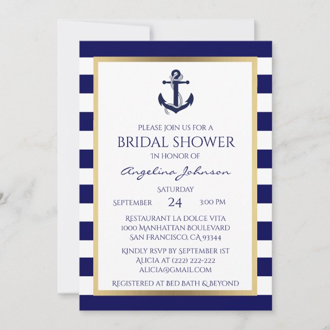 Invitaciones a ducha de novia azul/blanca de la Ma (Anverso)