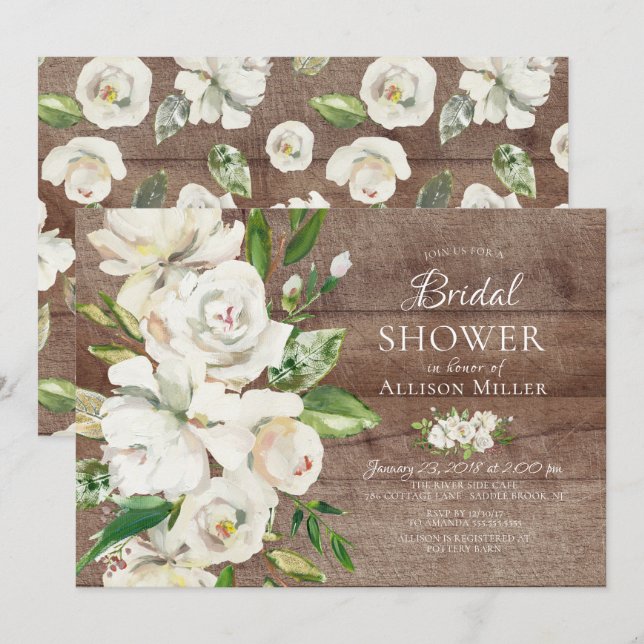 Invitaciones a ducha de novia con flores blancas d (Anverso / Reverso)