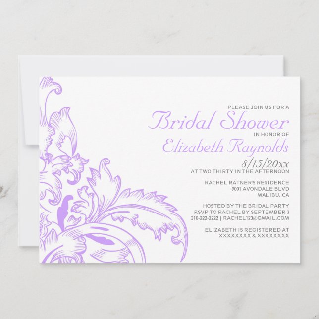 Invitaciones a ducha de novia con flores de lavand (Anverso)
