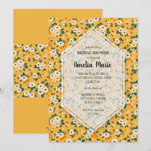Invitaciones a ducha de novia con flores de oro bl (Anverso / Reverso)