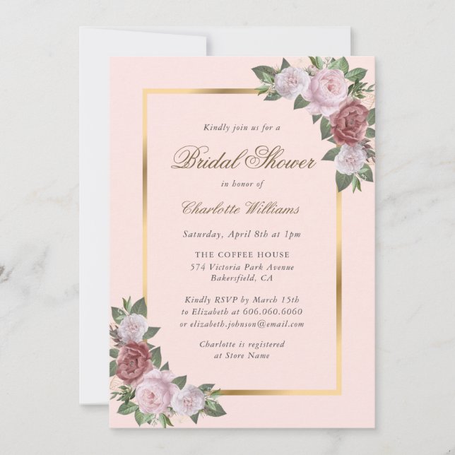 Invitaciones a ducha de novia con flores de oro ro (Anverso)
