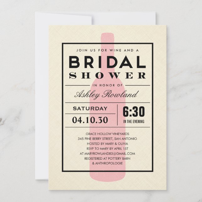 Invitaciones a ducha de novia con temas de vino (Anverso)