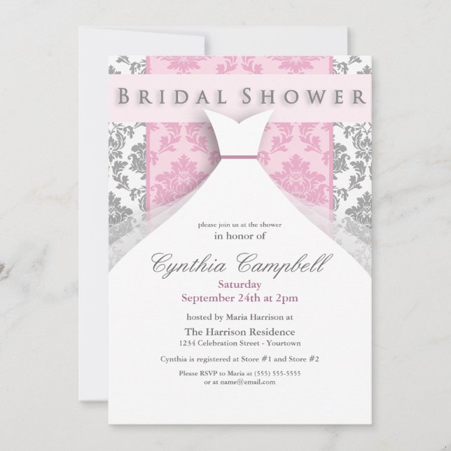 Invitaciones a ducha de novia de damasco rosa/plat (Anverso)