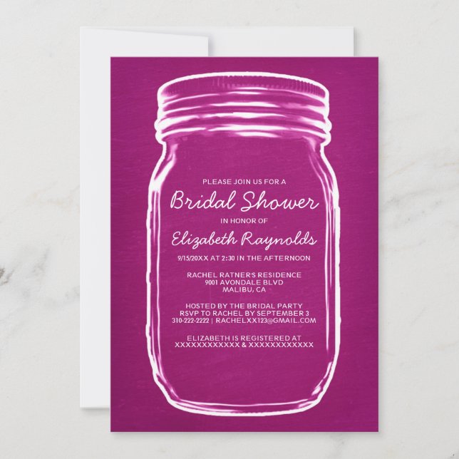 Invitaciones a ducha de novia de Fuchsia Mason Jar (Anverso)