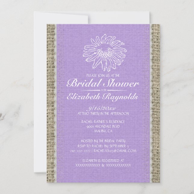 Invitaciones a ducha de novia de lavanda de encaje (Anverso)