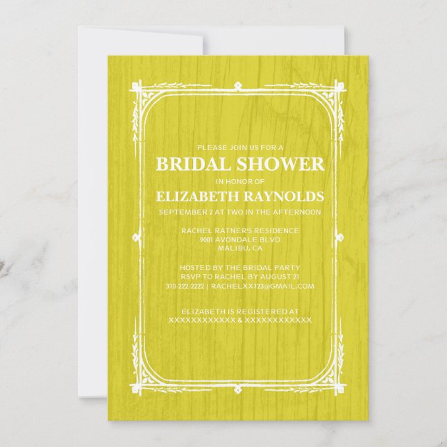 Invitaciones a ducha de novia en madera de grano a (Anverso)