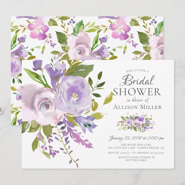 Invitaciones a ducha de novia floral de Lavender (Anverso / Reverso)