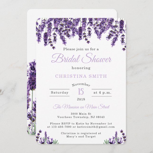 Invitaciones a ducha de novia Lavender (Anverso / Reverso)
