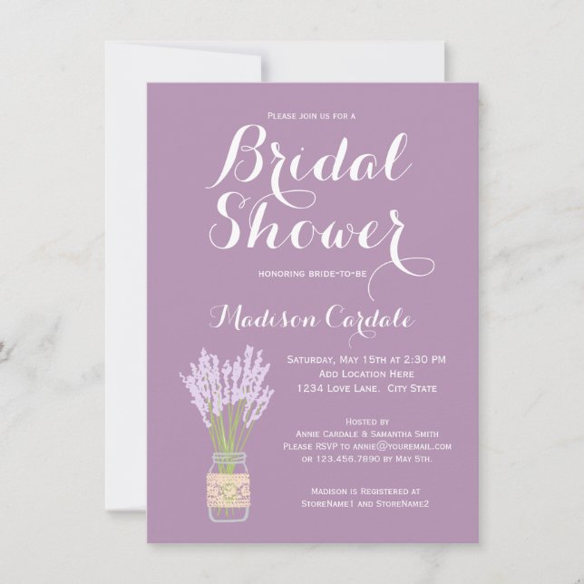 Invitaciones a ducha de novia Mason Jar y Lavender (Anverso)