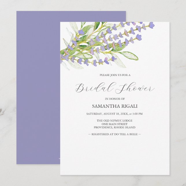 Invitaciones a ducha de novia morada de Lavender (Anverso / Reverso)