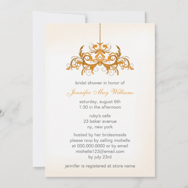 Invitaciones a ducha de novia naranja (Anverso)