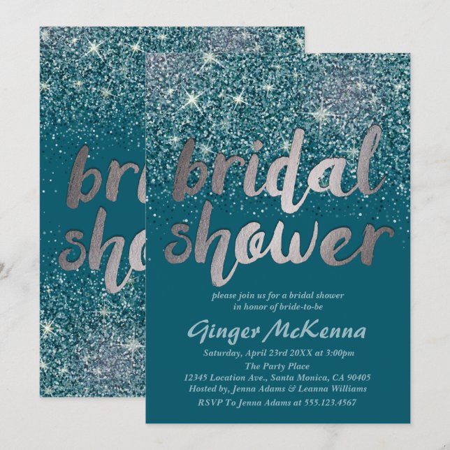 Invitaciones a ducha de novia Purpurina plateado y (Anverso / Reverso)