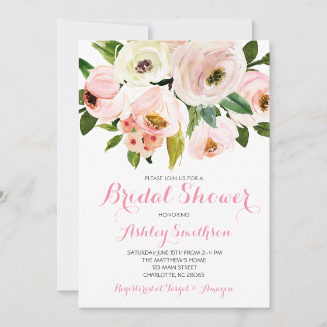 Invitaciones a ducha de novia rosa, flores rosas (Anverso)