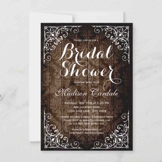 Invitaciones a ducha de novia rústica de Damasco d (Anverso)