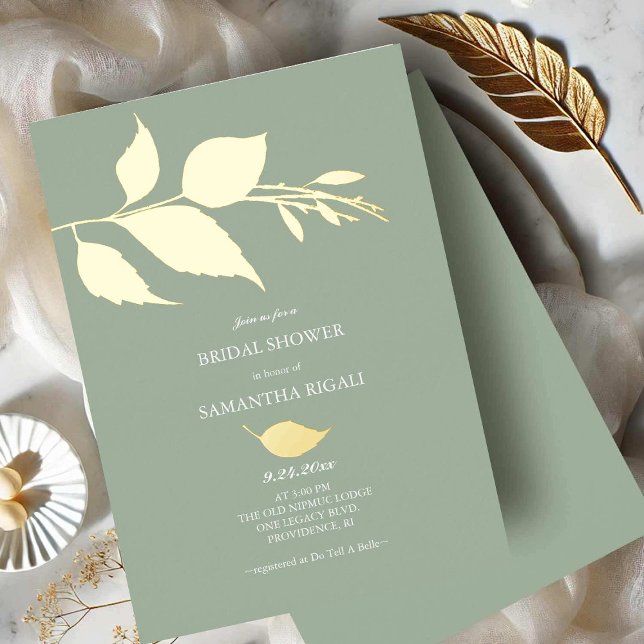 Invitaciones a ducha de novia verde sabio (Sage green bridal shower invitations gold foil leaves)