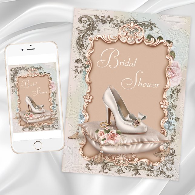 Invitaciones a ducha de novia vintage (Vintage Shoe Bridal Shower Invitations with pretty shoe and vintage background. Digital and Print.)
