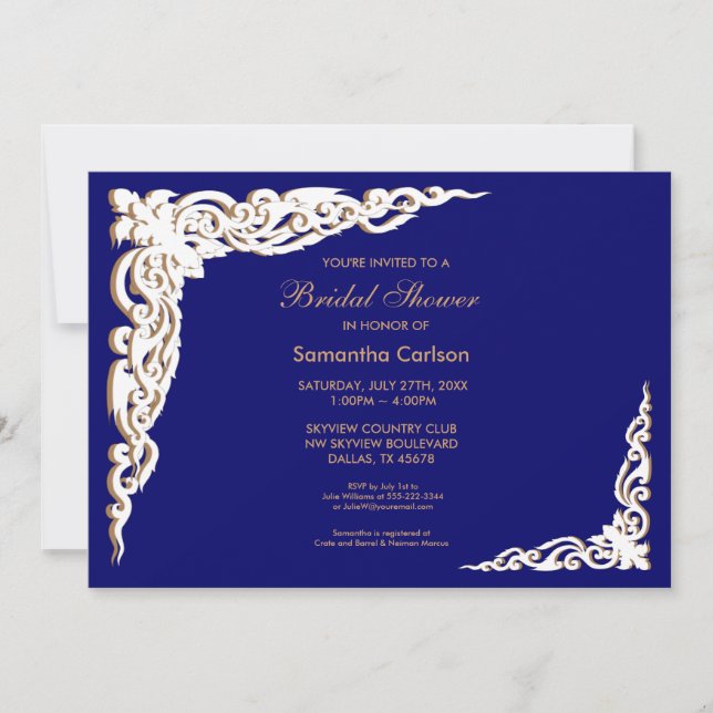 Invitaciones a ducha de novias azul y oro de la ma (Anverso)
