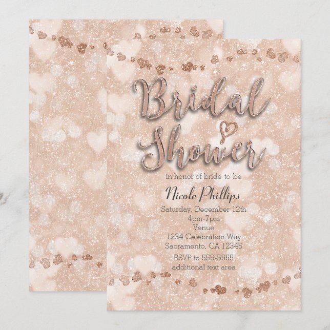 Invitaciones a ducha de novias con corazones dorad (Anverso / Reverso)