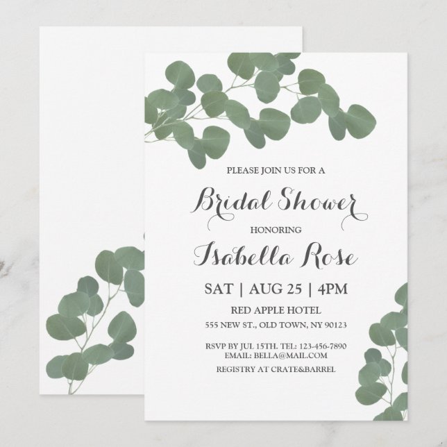 Invitaciones a ducha de novias con eucalipto de pl (Anverso / Reverso)