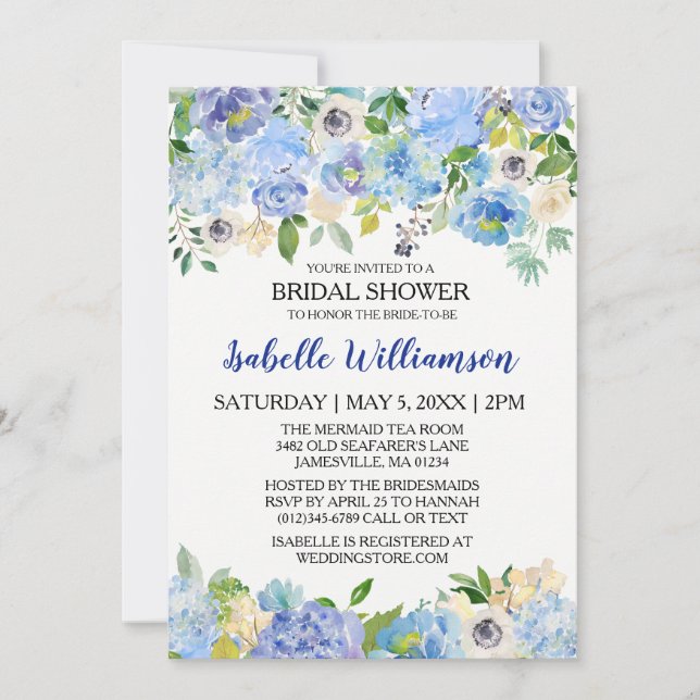 Invitaciones a ducha de novias con flores azules y (Anverso)