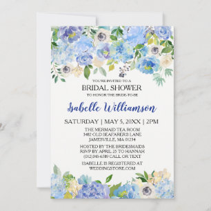 Invitaciones a ducha de novias con flores azules y