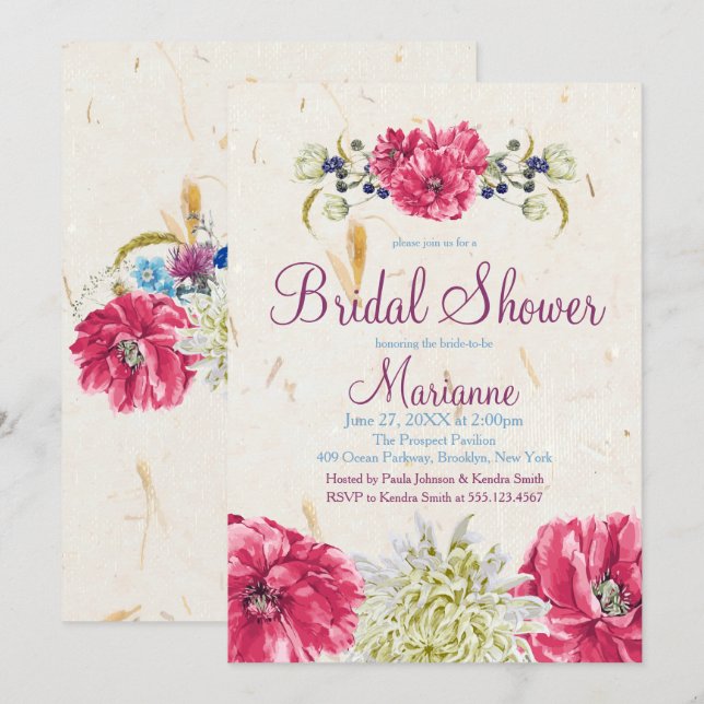Invitaciones a ducha de novias con flores de Fusch (Anverso / Reverso)