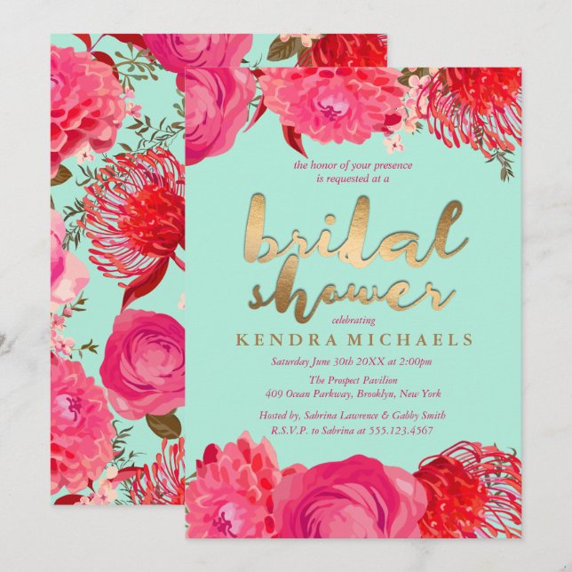 Invitaciones a ducha de novias con flores de oro,  (Anverso / Reverso)