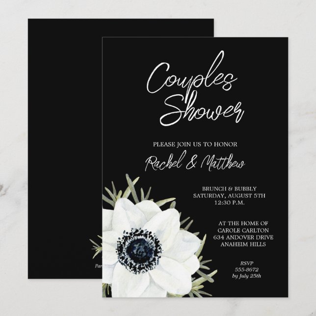 Invitaciones a ducha de novias con flores negras y (Anverso / Reverso)
