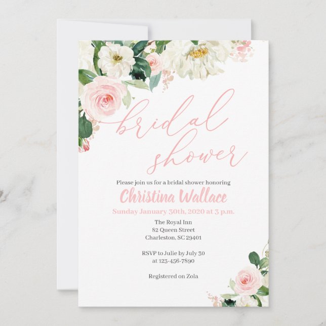 Invitaciones a ducha de novias con flores rosadas  (Anverso)