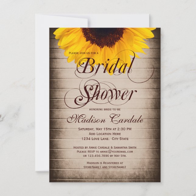 Invitaciones a ducha de novias con girasol rústico (Anverso)