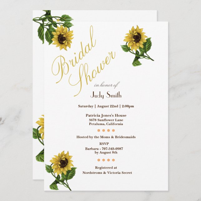 Invitaciones a ducha de novias con girasoles dorad (Anverso / Reverso)