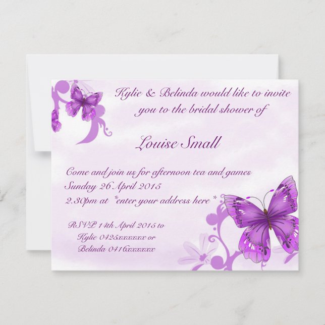 Invitaciones a ducha de novias con mariposa (Anverso)