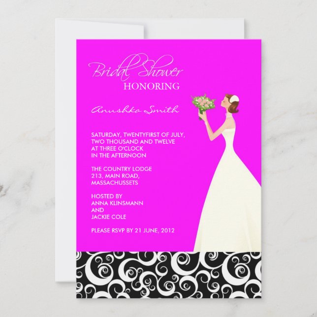 Invitaciones a ducha de novias de fucsia y negro (Anverso)
