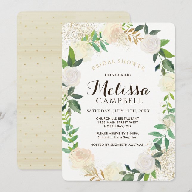 Invitaciones a ducha de novias de oro y champán (Anverso / Reverso)