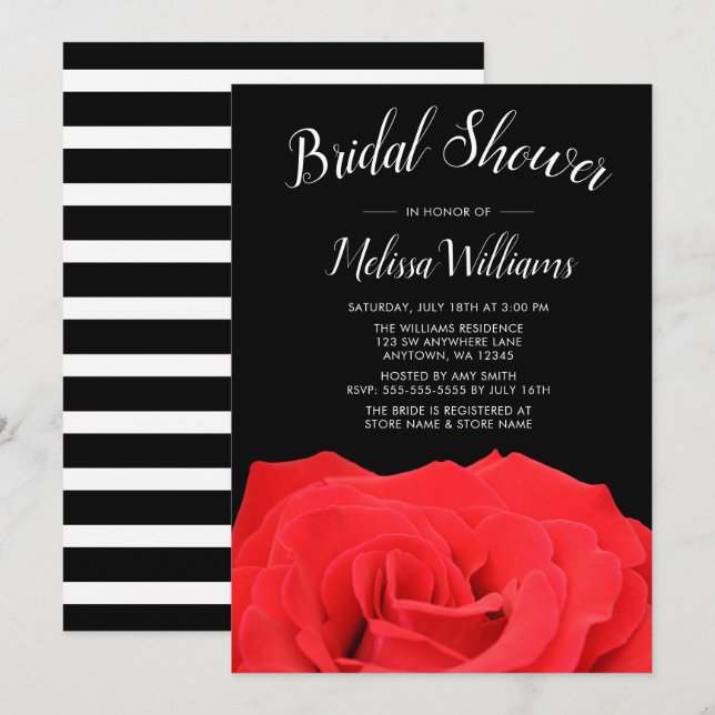 Invitaciones a ducha de novias de Rosa rojo y negr (Anverso / Reverso)