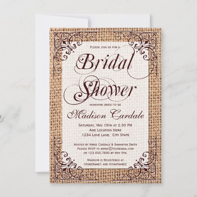 Invitaciones a ducha de novias en Burlap, un país  (Anverso)